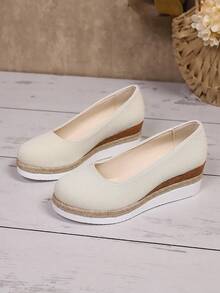 1 Pair Beige Round Toe Non-Slip Lightweight Comfortable Casual Pearl Linen Slip-On Loafers, Suitable For Commuting, Casual, Outdoor Activities, All Seasons