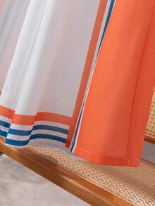 2pcs Women Casual Striped Print Off Shoulder Top With Slit Sleeve And Wide Leg Pants, Bohemian Style - Orange - View 11