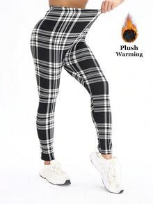 1 Pack Women's Plaid Thermal Lined Leggings, Black & White, Elastic Skinny Pants, European & American Fashion, Casual & Elegant, Slimming, Warm & Comfortable For Home, Yoga, Fitness, Outdoor, Casual Wear, Gifts