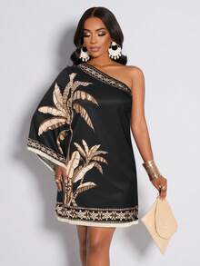 AIJ Amarilo Women's Tropical Rainforest Print Tassel Hem Casual Dress, Suitable For Daily Commute And Vacation Wear, New Spring/Summer Floral Print Dress - Black - View 4