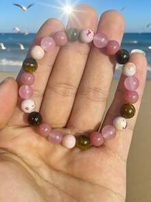 1pc Natural Tiger Eye Stone Elastic Bracelet With Pink Beads - Comfortable For Daily Wear And Parties, Mother's Day Gift, All-Season Accessory - Multicolor - View 3