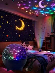 1pc Voice Control Starry Sky Projection LED Lamp - 7 Color Changing Fantasy Night Light With Moon & Stars, USB Powered Modern Home Decor For Living Room, Bedroom, Christmas & Halloween Gift, Suitable For Creating A Rainbow Fantasy & Romantic Ambiance, Bedroom Night Light | Starry Theme | Plastic Lampshade, LED Lamp For Bedroom