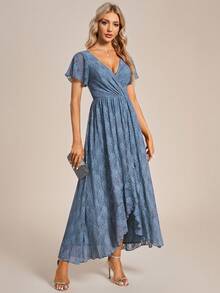 Đầm phù dâu bằng chiffon cổ chữ V, ren, xếp ly ở ngực, viền bèo nhún, kiểu quấn, thích hợp cho khách dự đám cưới mùa xuân. - Màu xanh bụi bặm - Xem 4