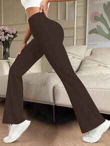 Women's Solid Flare Leg Leggings, Tight Fitting Base Layer Pants, Flared Pants For Autumn/Winter, Suitable For Running, Casual, Compression Yoga Pants With High Waist - Brown - View 3