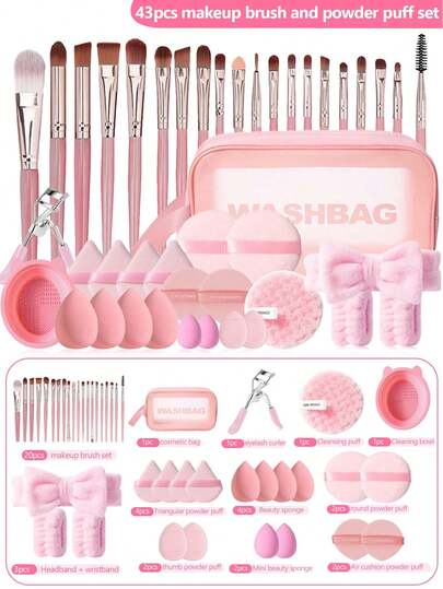 This 43-Piece Makeup Brush And Sponge Puff Set Is A Professional Makeup Tool Set, Including A 20-Piece Makeup Brush Set, A 22-Piece Makeup Tool Set, And A Cosmetic Bag. Includes 20 Makeup Brushes, Four Makeup Sponges, Two Mini Makeup Sponges, Two Finger Puffs, Four Triangular Puffs, Two Round Puffs