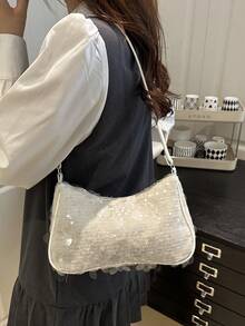 Túi xách nữ đa năng đính sequin hình lưỡi liềm kim loại màu trơn thời trang, túi tote, túi đi biển, túi đựng điện thoại thường ngày thời trang đính sequin - Màu be - Xem 7