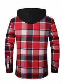1 pieza Camisa casual de negocios con capucha, botones y manga larga forrada a cuadros, cálida para hombres en otoño/invierno - Rojo - Ver 3