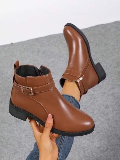 Women's Vintage British Style Leather Belt Buckle Decor Boots, Brown Leather Surface High-Quality, Single Lining Breathable For All Seasons, Ankle Boots & Booties, Fall, Winter, Autumn, Rubber Flat Sole Lightweight , Visually Elongating Leg Line, Simple And Fashionable For Work, Daily Gatherings, Outings, Versatile And Elegant Short Boots
