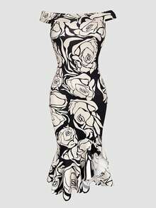 ChicMe Women's Floral Print Open Shoulder Ruffle Hem Split Dress, Elegant Fitted Mid-Length Dress, Suitable For Party, Cocktail And Vacation Wear Black Summer - Black - View 6
