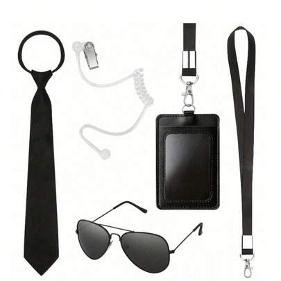 6pcs Secret Agent Costume Accessories Set, Adjustable Stylish Tie, Black Sunglasses, ID Badge, Prop Earpiece, Secret Security Outfit, Bodyguard Costume, For Men & Boys Party Cosplay