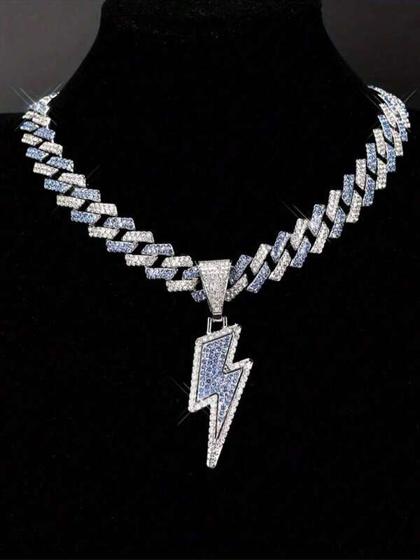1 pieza Collar con colgante de rayo de diamantes de imitación para hombres - Cadena cubana brillante, collar con colgante de músico de hip hop, adecuado para uso diario de hombres, bodas, fiestas, festivales de música, regalos, adecuado para Halloween, Navidad, vuelta al colegio, Acción de Gracias, Año Nuevo
