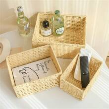 1 قطعة/3 قطع صندوق تخزين مكتبي، صينية للمكياج والمفاتيح والوجبات الخفيفة، سلة تخزين من الخوص للمنزل وغرفة المعيشة، سلة تخزين مُنسوجة، مناسبة لغرفة النوم وغرفة المعيشة والمكتب، منظم مكتبي يدوي الصنع - كاكي - مشاهدة 5