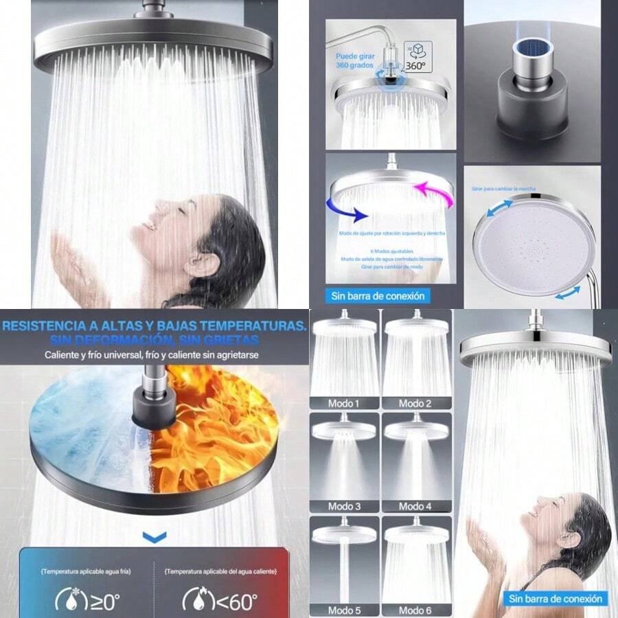 DAHAN 9'' Regaderas para Baño 6 in 1 Multifuncional Cabeza de Ducha Regadera de Lluvia de Alta Presión ABS Galvanoplastia Rotacion de 360 Ángulo Ajustable Redondo Regaderas Fija para Baño Hotel SPA - como en la foto - Ver 1