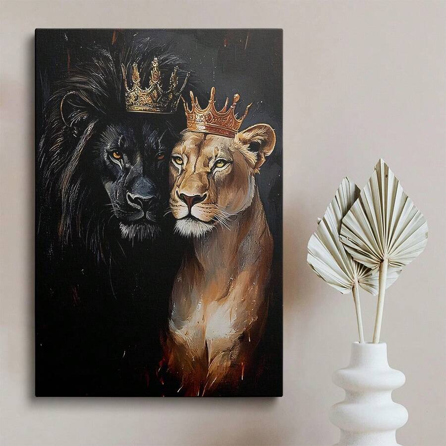 1 Pc Canvas Painting,Lion, Crown, Painting, Canvas, Vase ,Wood Framed Painting (1) Thickness 2.5 Cm/ 1 Inch-Home Decoration For All Occasions,Ideal New Year, Valentine's Day,Thanksgiving,Easter,Christmas Gift,Room Decoration Aesthetic,Wall Decoration Art,Perfect Gift,Autumn And Winter Wall Decoration,Living Room Decoration, Bedroom Decoration, Kitchen Decoration, Entry Decoration, Bathroom Decoration, Direct Wall Painting, High Quality Wall Painting Poster,Modern Home Decoration Stretched And Framed Ready To Hang - 彩色 - 查看 1