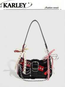 Y2K Fashionable Versatile Star & Moon Design Unique Silver Millennium Shoulder Chain Crossbody Bag, Perfect For Girls' Street Style And Party Outfits, Also A Great Gift. Starry Sky Print Women Handbag - Black - View 9