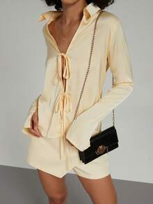 Se-Hore Women's Fashion Solid Color Satin Texture Tie Decor Casual Long Sleeve Cardigan - Light Yellow - View 6