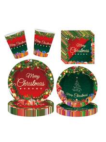 16pcs Christmas Paper Tray Disposable Tableware Set, Including Paper Tray, Dessert Tray, Napkin, Paper Cup, Christmas Tree Bell Tableware Tray Merry Christmas Printed Dessert Tray Suitable For Christmas Table Items - Multicolor - View 1