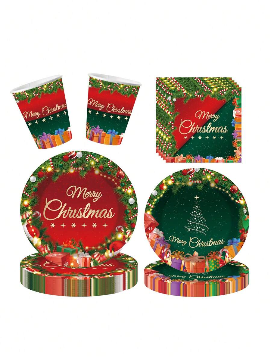 16pcs Christmas Paper Tray Disposable Tableware Set, Including Paper Tray, Dessert Tray, Napkin, Paper Cup, Christmas Tree Bell Tableware Tray Merry Christmas Printed Dessert Tray Suitable For Christmas Table Items - Multicolor - View 1