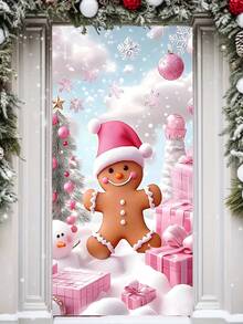 Copertura per porta natalizia da 90x180cm in poliestere rosa a tema natalizio festivo con caramelle pan di zenzero, per decorazioni interne ed esterne, feste e vacanze