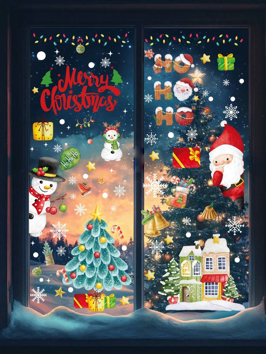 9pcs Window Clings Window Decorations Xmas Window Stickers,Christmas Snowman Santa Claus Design Window Stickers For Glass,Christmas Decal Decorations Holiday Snowflakes Xmas Tree Decals,Christmas Decoration Stickers,Home Decor,Wall Decal,DIY Decor,Merry Christmas,Xmas Party Gift