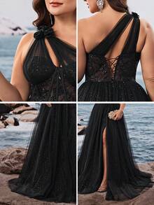 Elisanya فستان سهرة أنيق وفاخر للنساء بتصميم كورسيه أحادي الكتف من البلوم الأزرق، بخصر مرتفع وتنورة خط A لامعة، مع تطريز زهري وأكمام مبطنة بلا أكمام، شبكي شبه شفاف مناسب للمناسبات الخاصة باللون الأسود مع فتحات