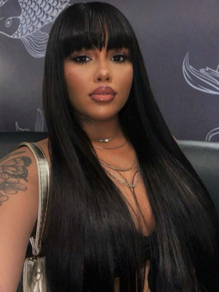 Straight Wigs With Bangs Human Hair For Women None Lace Front Wigs Brazilian Virgin Hair Glueless Machine Made Straight Wig Natural Black Color 180% Density - Natural Black - 查看 1