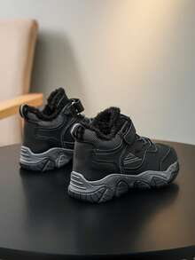 儿童皮革防水防滑时尚休闲毛绒内衬冬靴 - 黑色 - 查看 8