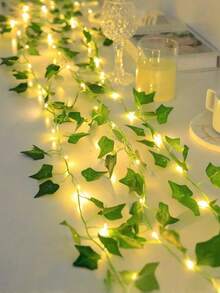 5M LED Artificial Ivy Vine String Lights - LED Ivy Leaf Fairy String Lights, Artificial Leaf String Lights, Green Leaf Decor Hanging Lights, Simulated Evergreen Vine Classic Style Suitable For Wall, Party, Wedding, Room, Kitchen, Indoor Decoration; Valentine's Day, Thanksgiving Atmosphere Decoration, Battery Box Powered (Batteries Not Included), 2M With 20 Lights/5M With 50 Lights