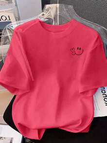 Camiseta estampada mujer cuello redondo y mangas cortas, uso casual diario tshirts para mujeres carita feliz happy face - Rosa - Ver 1