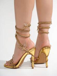 Bitnari Rhinestone Ankle Wrap High Heels - 金色 - 查看 5