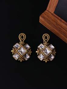 2 chiếc hoa tai nữ màu vàng cổ điển, họa tiết kẻ caro kim cương với thiết kế kết cấu dây thừng, thời trang cổ điển thích hợp cho việc đi lại hàng ngày và tụ tập - Nhiều màu - Xem 2