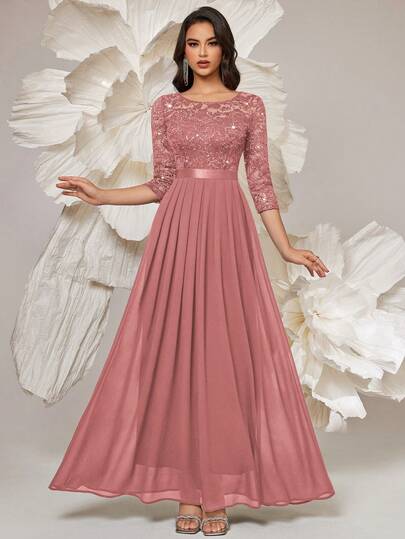 MIUSOL Elegant Sequin Floral Lace 3/4 Sleeve Ruffle Chiffon Formal Party Dress, For Valentine's Day