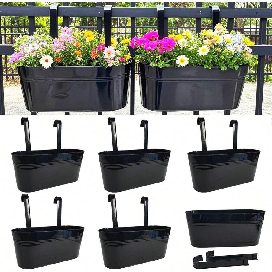 Hanging Planters For Outdoor Plants 17 Railing Planter Pots Metal Fence Flower Pot For Porch Balcony With Detachable Hook Black Pack Of 6 - 黑色 - 查看 1