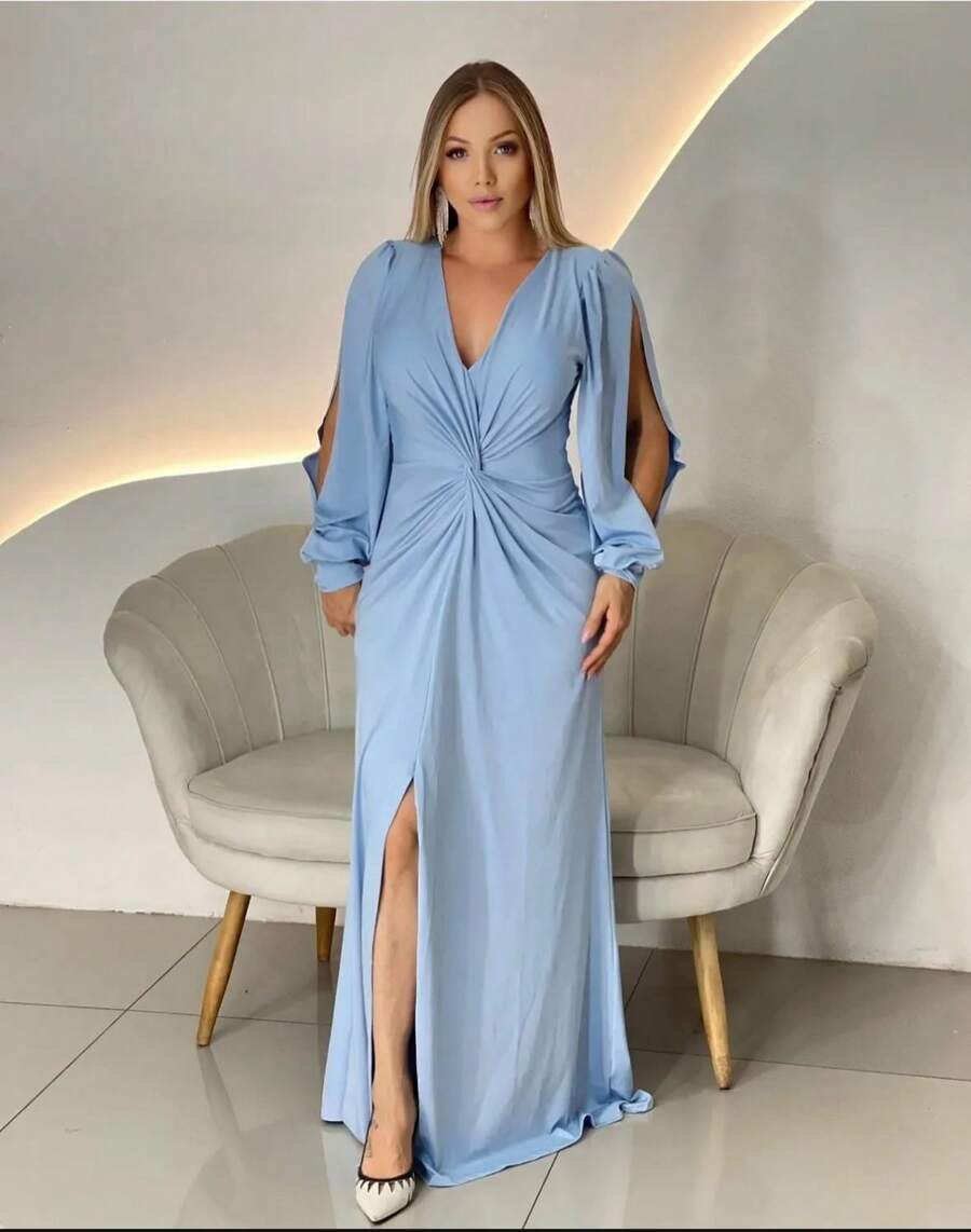 Long Sleeve Dress With Fluity Slit And V-Neckline - 淺藍色 - 查看 1