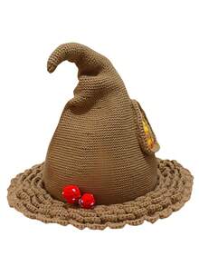 Crochet Witch Hat With Red Mushroom Accent For Halloween Costume, Knitted Pointed Witch Hat With Pom-Pom Detail, Perfect For Spooky Halloween Party & Cosplay, Fall / Winter