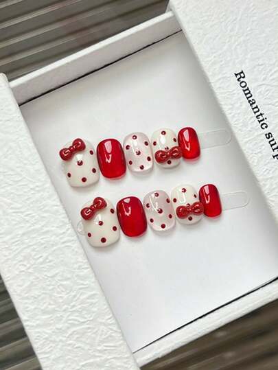 10 件手工指甲圆形指甲丙烯酸按压指甲短，可爱的红色和白色指甲闪光猫眼假指甲，珍珠光泽纯色，波尔卡圆点，指甲宝石 3D 蝴蝶结镶嵌，简单优雅手工秋季按压指甲，现代风格，多功能指甲 DIY 假指甲艺术派对日常和约会使用海滩热带度假适合可重复使用，适合女性和女孩作为礼物指甲用品