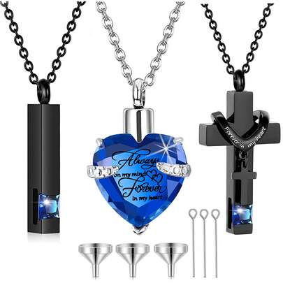 3 Pieces Cremation Urn Necklace For Ashes Vertical Bar Cross, Heart Crystal Necklace Urn Stainless Steel Waterproof Memorial Pendant Cremation Jewelry