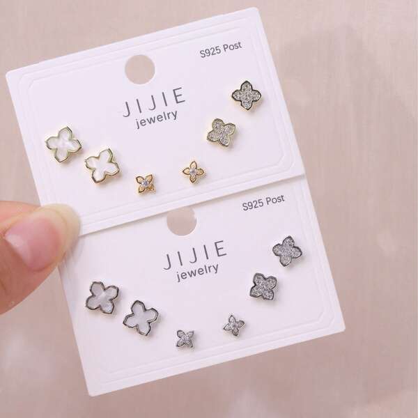 3 أزواج أقراط على شكل زهرة برؤوس 4 بتلات متوهجة بحجارة راين صغيرة وأنيقة، مناسبة للاستخدام اليومي في عيد الحب