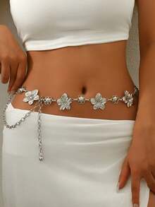 1pc Vintage Fashionable Unique Silver Metal Flower Decor Waist Chain, Bohemian High-End Versatile Dress Chain Waist Belt, Suitable For Women In Any Occasion - Silver - View 6