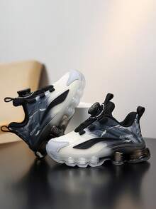 青少年男孩女孩时尚厚底运动鞋，柔软舒适，旋转扣，方便穿脱，舒适衬里，防滑耐用，适合学校、学生、运动、休闲 - 黑與白 - 查看 9