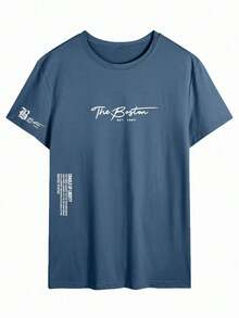 1PCSMen's Summer Casual Slogan Print Short Sleeve T-Shirt-Premium Cotton Graphic Printed Round Neck T-Shirts-365T - 藍色 - 查看 2