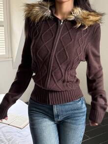 Y2K Casual Street Style Commuting Solid Color Zipper Hooded Patchwork Wool Collar Wool Cardigan Jacket, Suitable For Christmas & Autumn - Brown - View 8