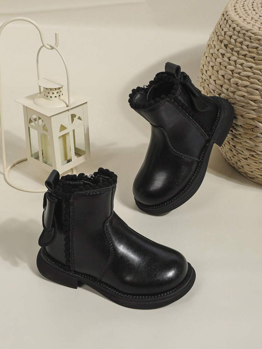 1 Pair Classic Simple Solid Color Bow Tie Cute Ankle Boots, Suitable For Boys And Girls, Autumn/Winter