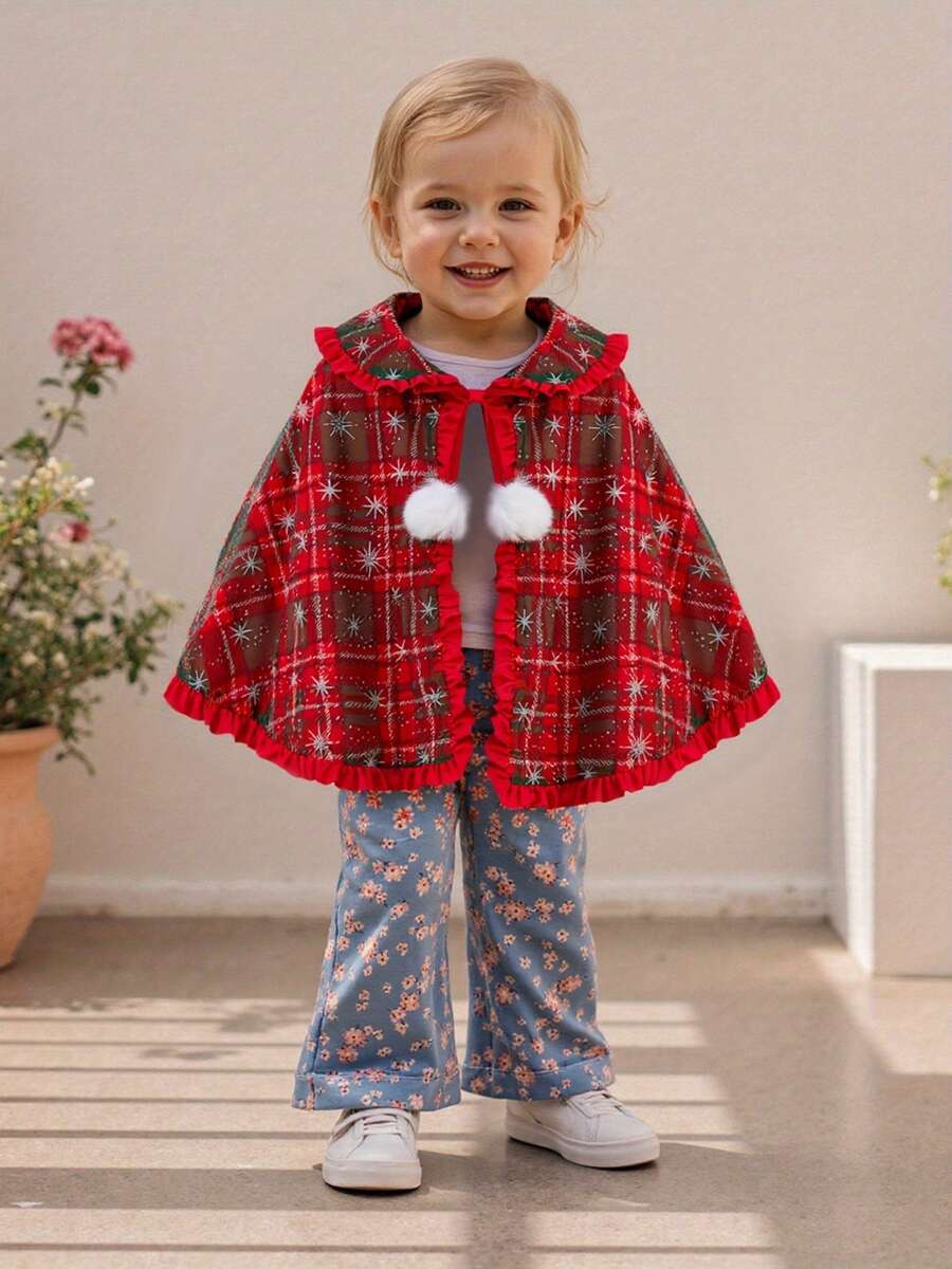 Kids Plaid Cape Adorable Ruffled Doll Collar Snowflake Pattern Cloak  Baby Shawl With Tie Closure - Orange - View 1