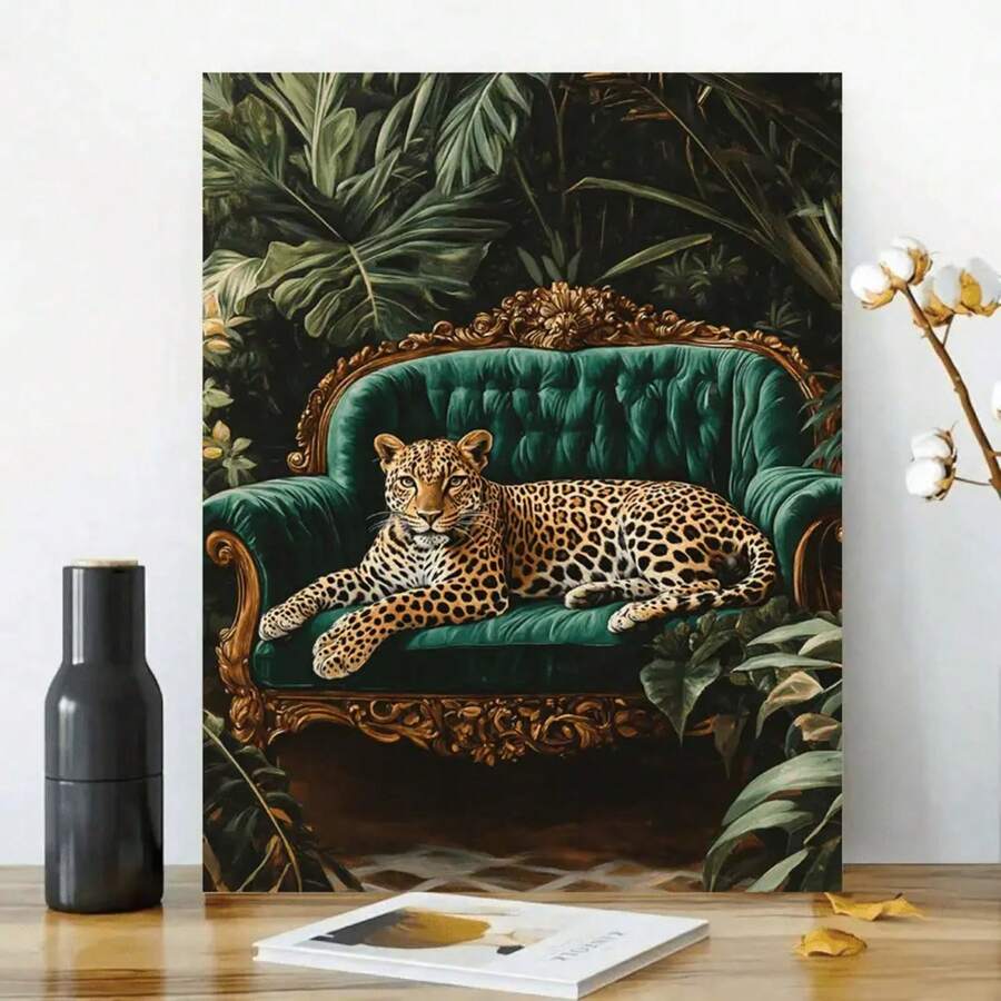 1Pc 2D Flat Canvas Wall Art,Prints,Canvas Posters,Painting,Wall Art,Wall Decor,Art Poster,Home Decor,Living Room Office Hallway Wall Decor,Leopard Lounging On Emerald Green Velvet Sofa Print,2D Flat Printed,2D Surface,No 3D Effect,Not Oil Painting,Tropical Jungle Artwork Framed Ready To Hang,Green Gold Brown - 綠色 - 查看 1