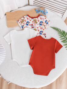 3pcs/Set Fashionable Baby Boy Clothes, Round Neck Short Sleeve Loose Cute Puppy Pattern Newborn Infant Bodysuit Outfit - Red - View 3