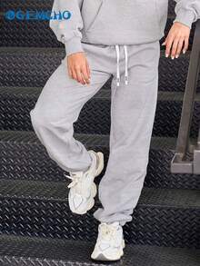 GEMCHO 女士涤纶运动裤，带口袋，针织面料略带弹性，休闲跑步慢跑裤，适合所有季节 - 灰色 - 查看 2