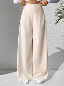 Pantalones texturizados de cintura alta y pierna ancha de color sólido para mujer, pantalones casuales y elegantes de pierna ancha, adecuados para ocasiones diarias, de aeropuerto y de brunch, se pueden usar en todas las estaciones. - Albaricoque - Ver 1