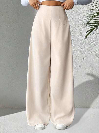 Pantalones texturizados de cintura alta y pierna ancha de color sólido para mujer, pantalones casuales y elegantes de pierna ancha, adecuados para ocasiones diarias, de aeropuerto y de brunch, se pueden usar en todas las estaciones.