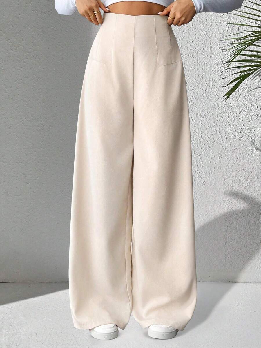 Pantalones texturizados de cintura alta y pierna ancha de color sólido para mujer, pantalones casuales y elegantes de pierna ancha, adecuados para ocasiones diarias, de aeropuerto y de brunch, se pueden usar en todas las estaciones. - Albaricoque - Ver 1